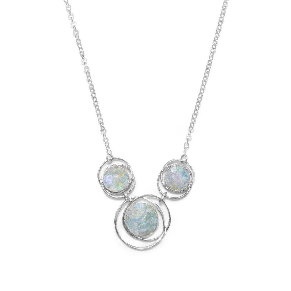 Sterling Silver Abstract Circle Roman Glass Necklace - Cert of Authenticity